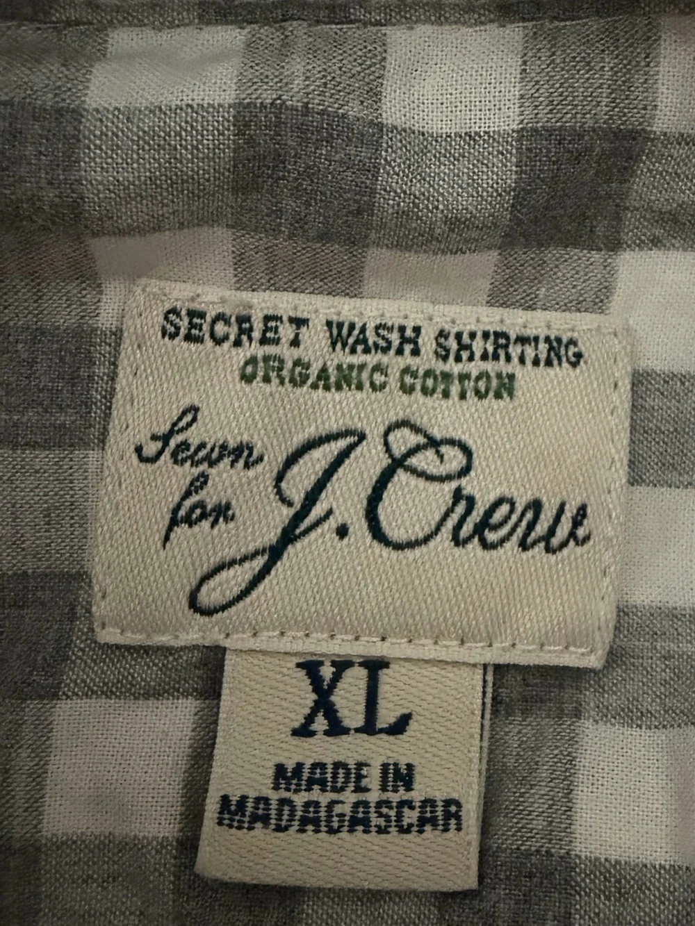 J.Crew Secret Wash Gingham Organic Cotton Button Down Shirt Gray White XL
